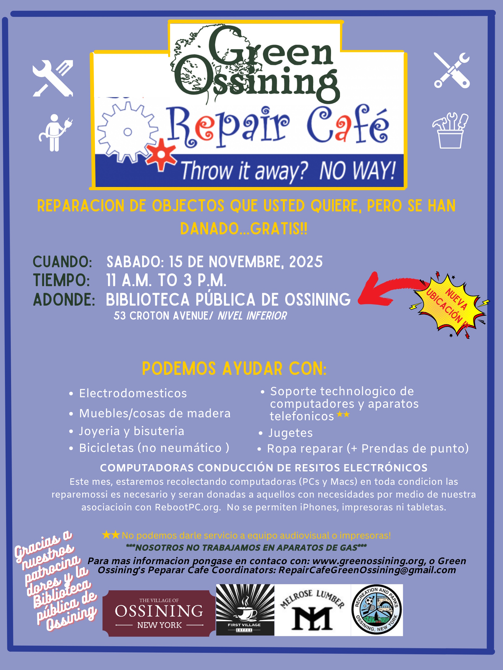 Repair Cafe in Spanish Flyer Nov 15 2025 OPL