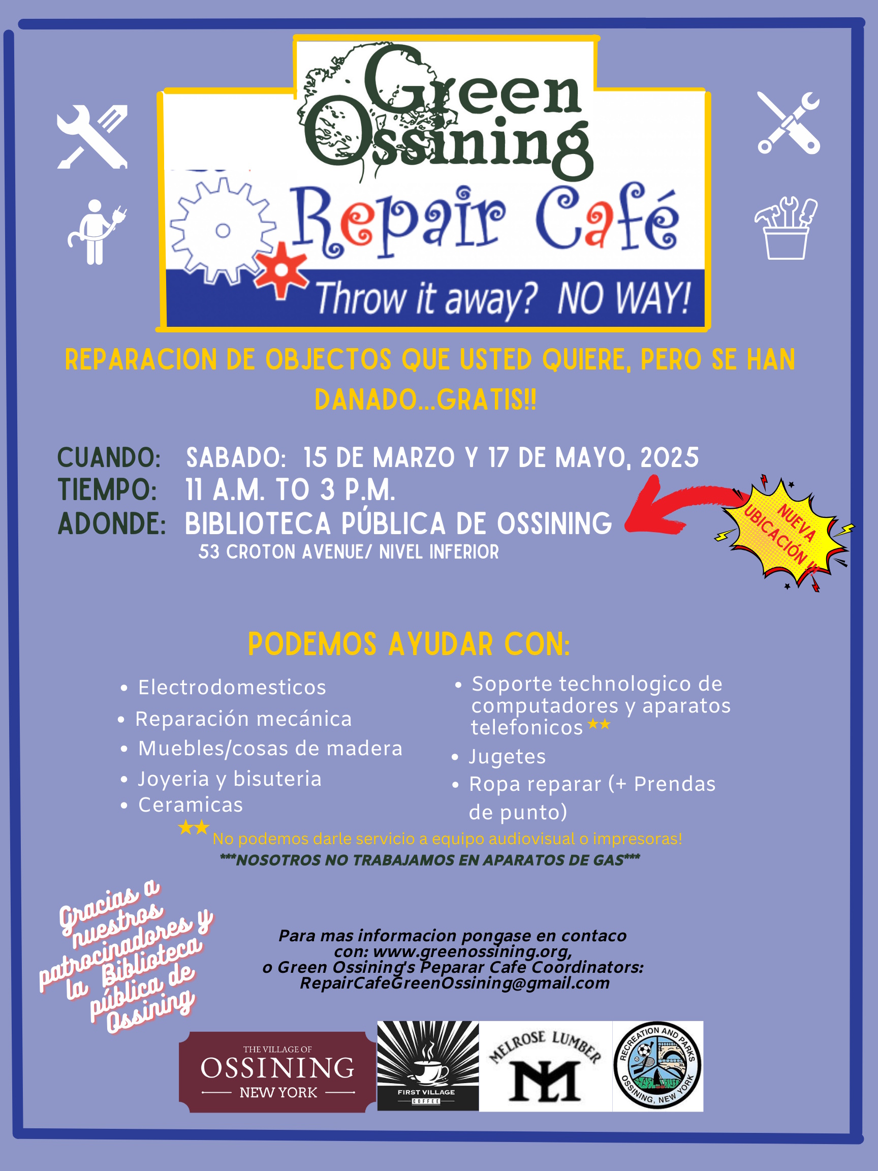 Repair Cafe in Spanish Flyer Mar 15 2025 OPL