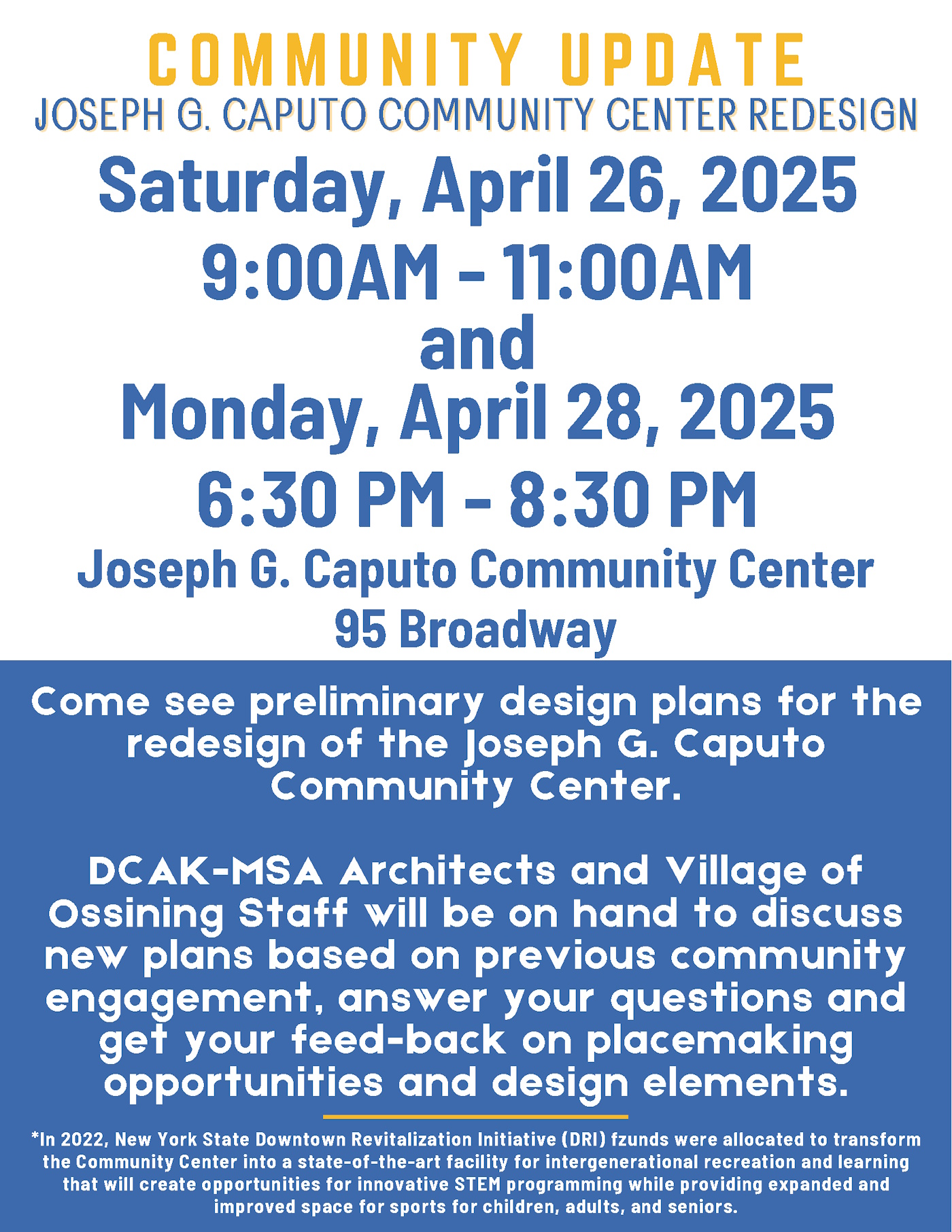 Rec Center Engagement Meetings.2025.flyer Page 1