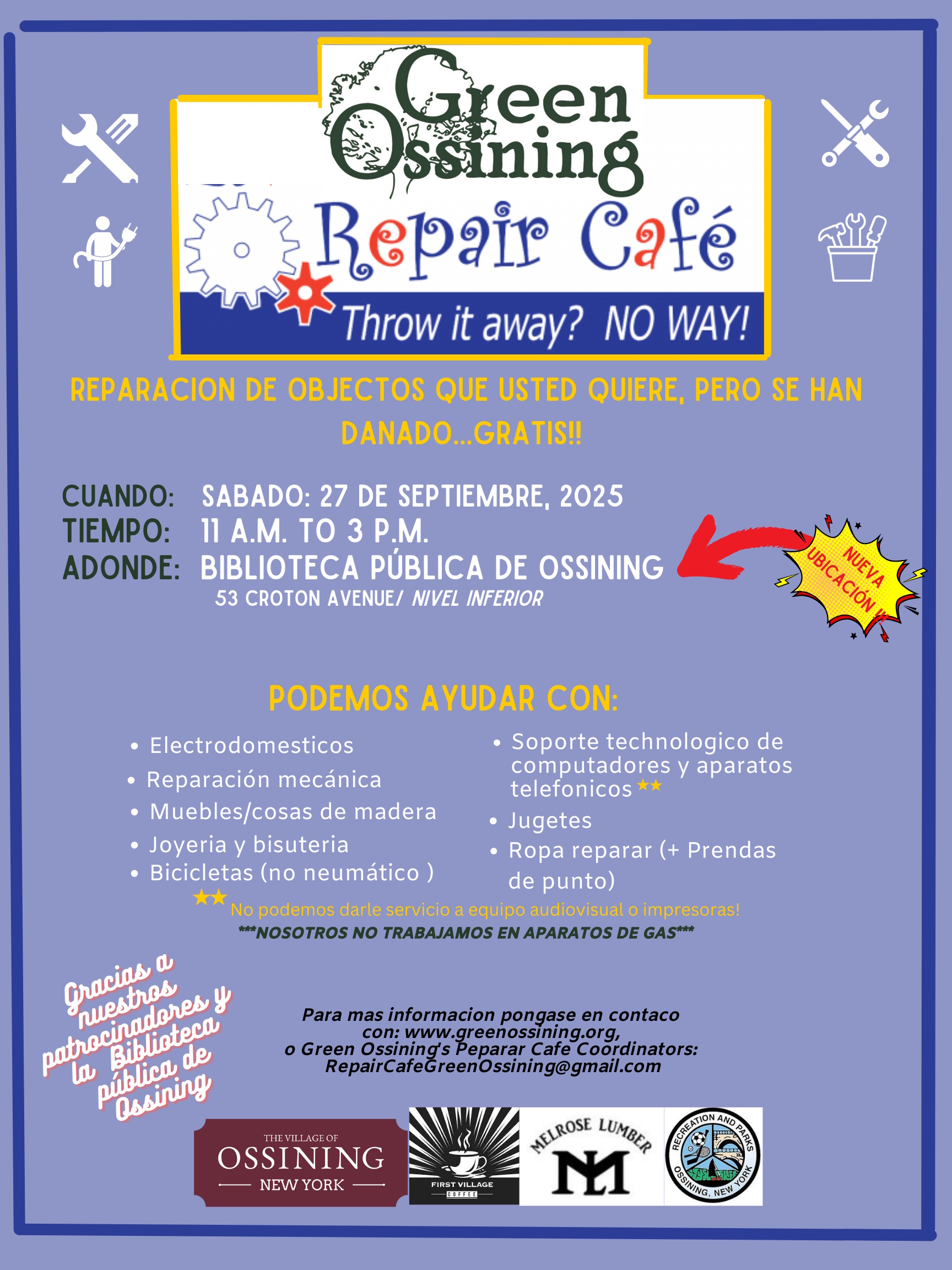 Repair Cafe in Spanish Flyer Sept 27 2025 OPL
